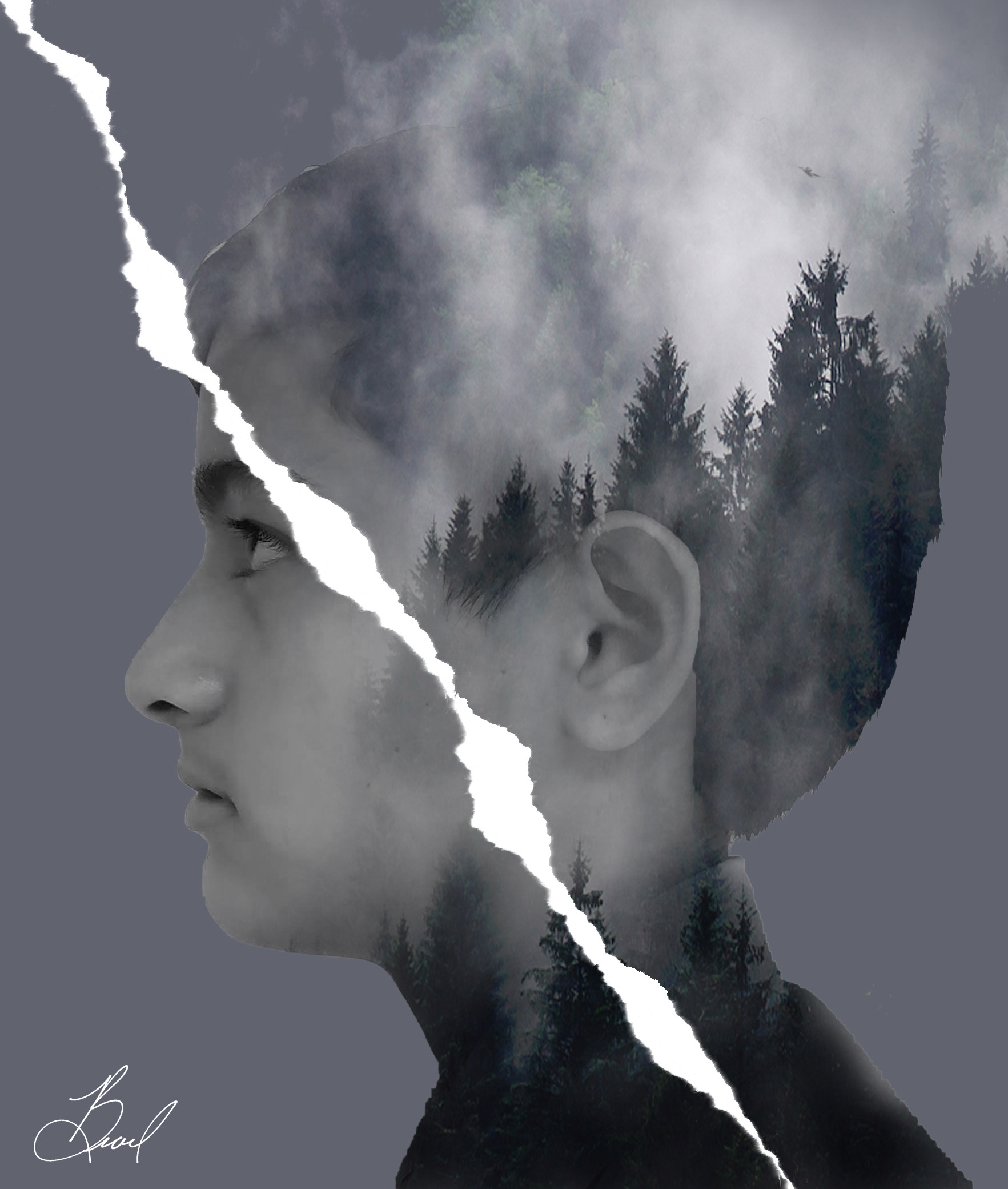 Creative double exposure portrait — artistic black and white photography with forest composite