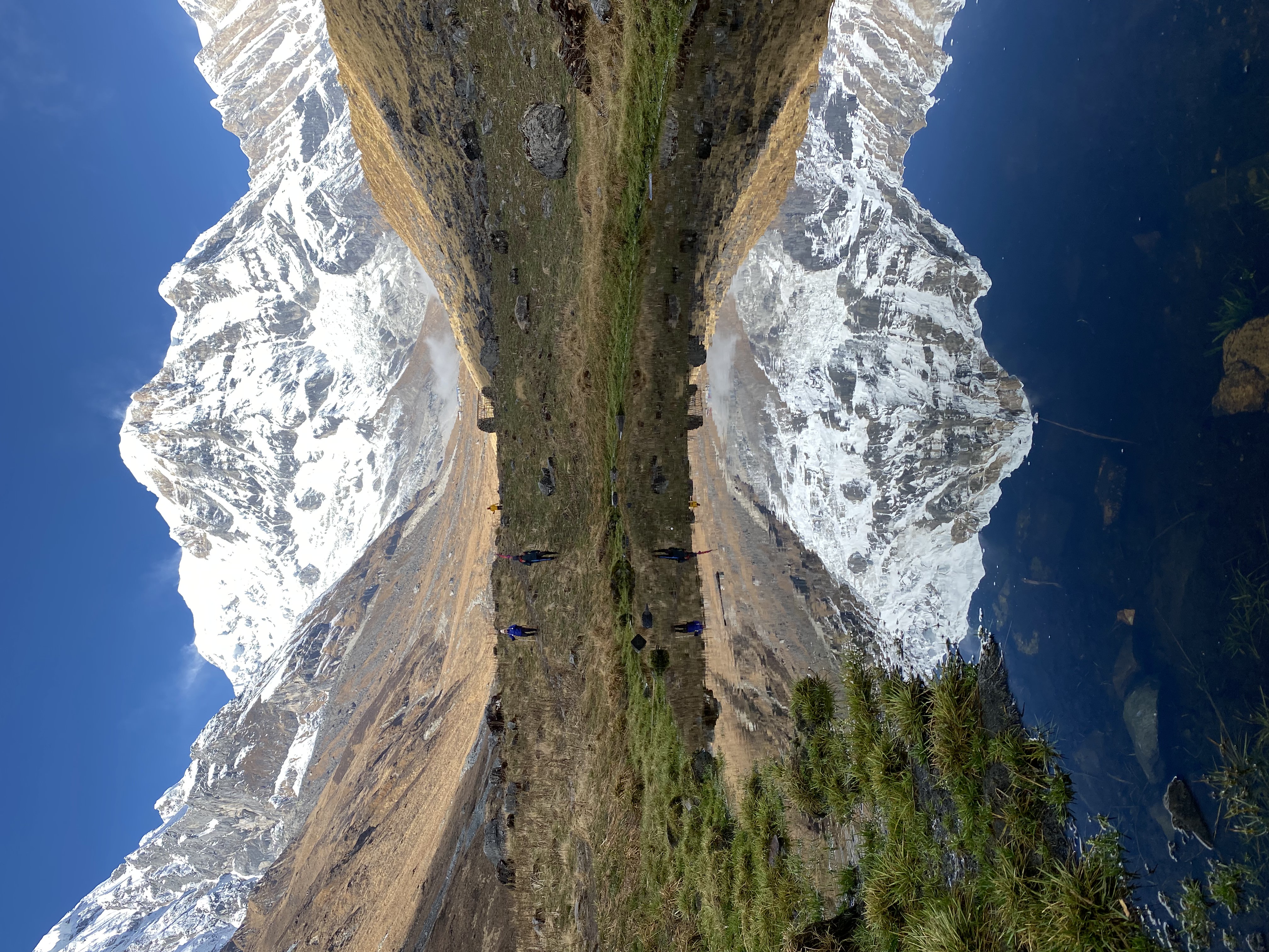 Mirrored mountain landscape — creative symmetrical reflection of snow-capped Himalayan peaks